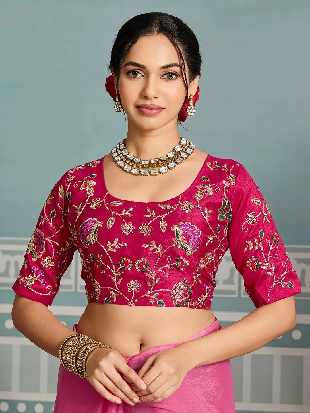 Dark Pink Embroidery Work Soft Georgette Saree - kalyanja